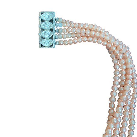 Antique over 80 years, old, pink, five strand pearls with rhinestones clip. - Picture 6 of 13